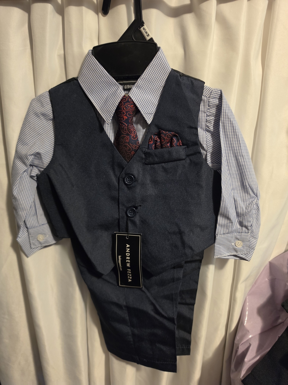 6/9M Andrew Fezza Kids Navy Vest Set with Red Paisley Tie